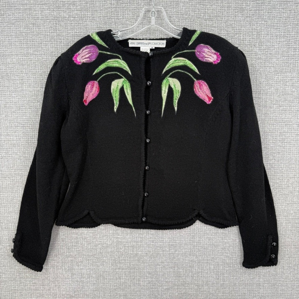 Vtg Anne Crimmins for UMI Collections Cardigan Wms M Black Floral Beaded